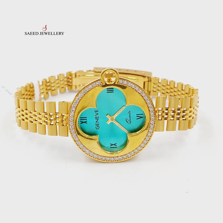 21K Gold Luxury Watch Clover Bracelet by Saeed Jewelry - Image 4