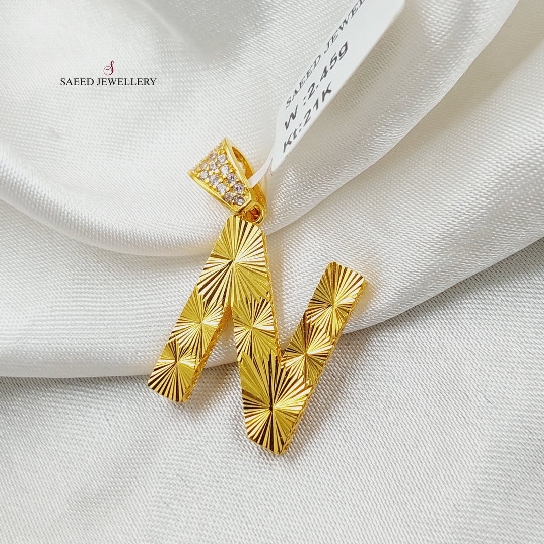 21K Gold Zircon Studded N Letter Pendant by Saeed Jewelry - Image 1