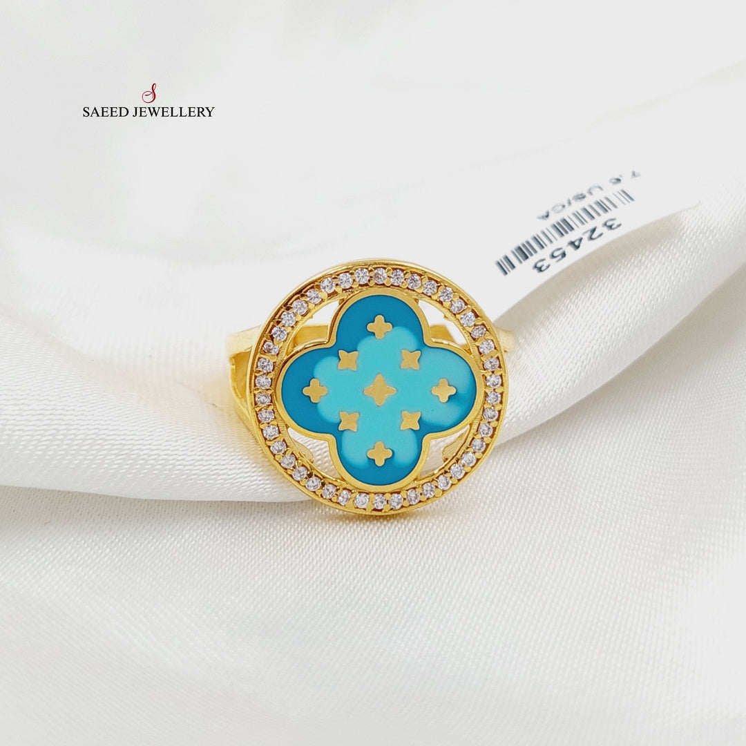 21K Gold Enameled & Zircon Studded Clover Ring by Saeed Jewelry - Image 3