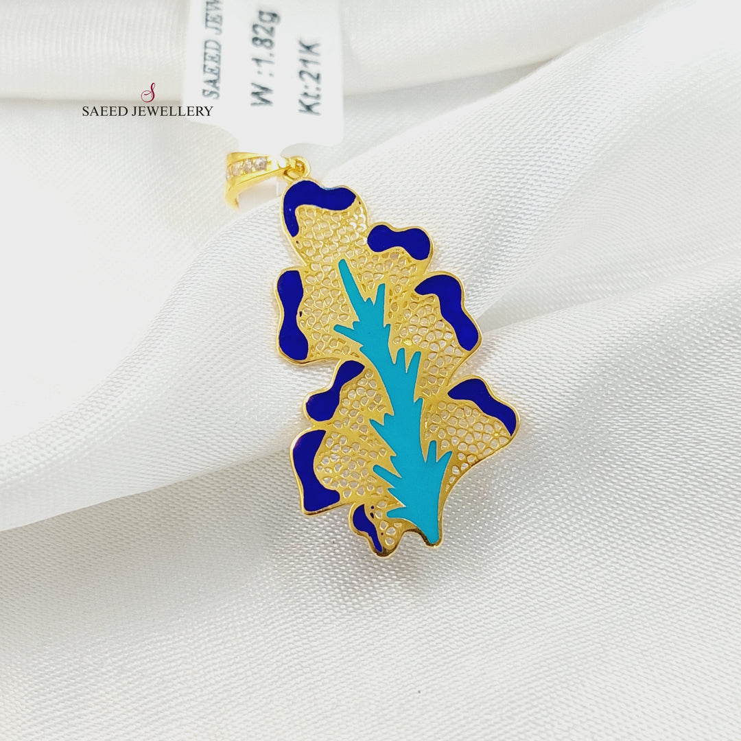 21K Gold Enameled & Zircon Studded Leaf Pendant by Saeed Jewelry - Image 2