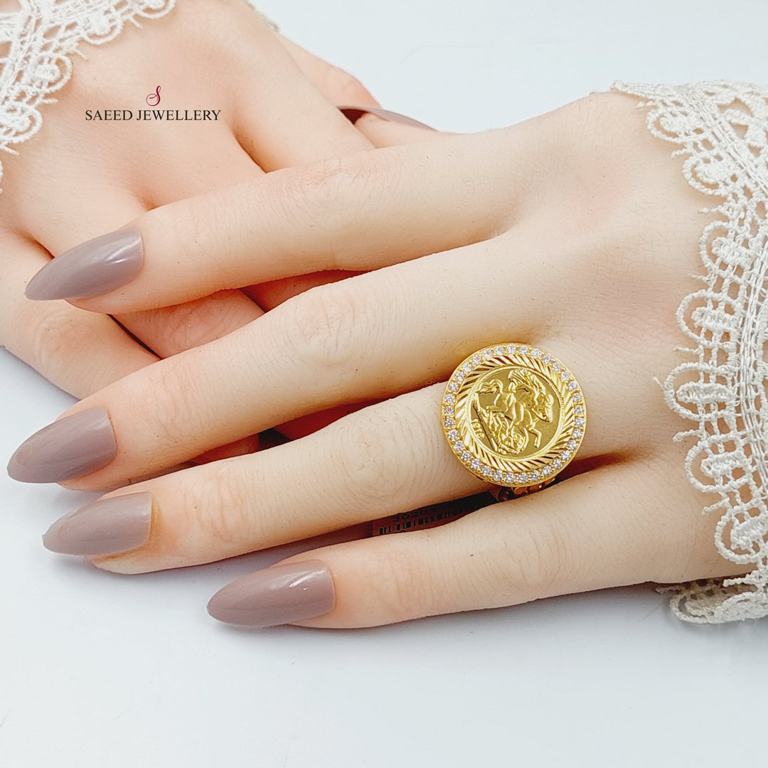 21K Gold Zircon Studded English Lira Ring by Saeed Jewelry - Image 4