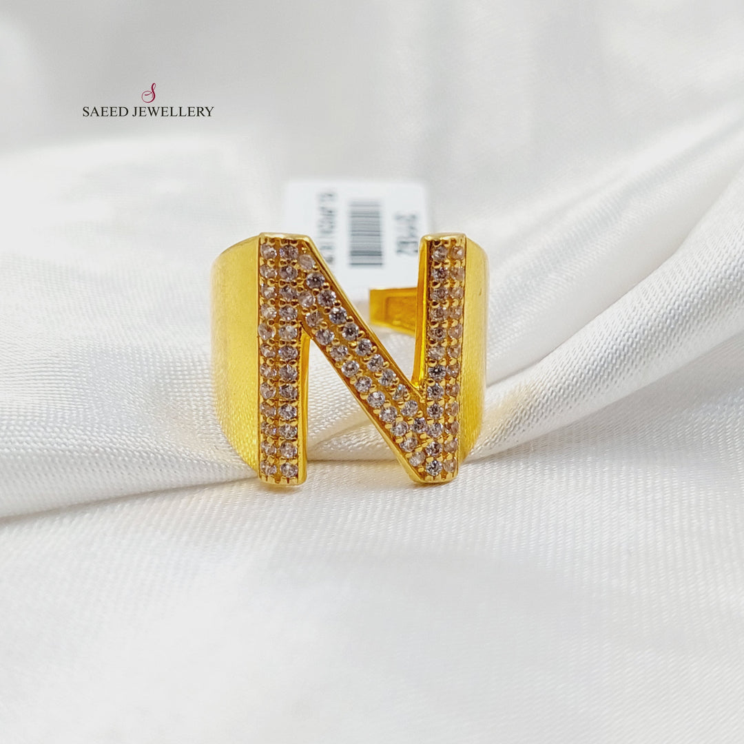 21K Gold Zircon Studded N Letter Ring by Saeed Jewelry - Image 3